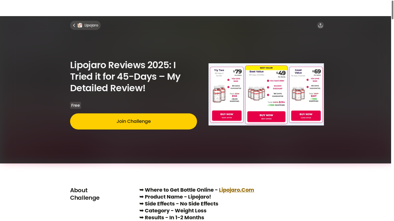 website screenshot of https://nas.io/lipojaro-official/challenges/lipojaro-reviews-2025-i-tried-it-for-45days-my-detailed-review/home