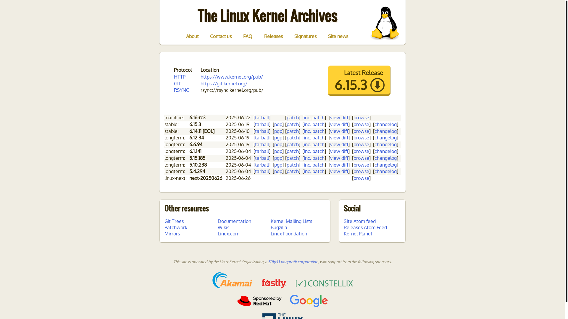 website screenshot of https://www.kernel.org/
