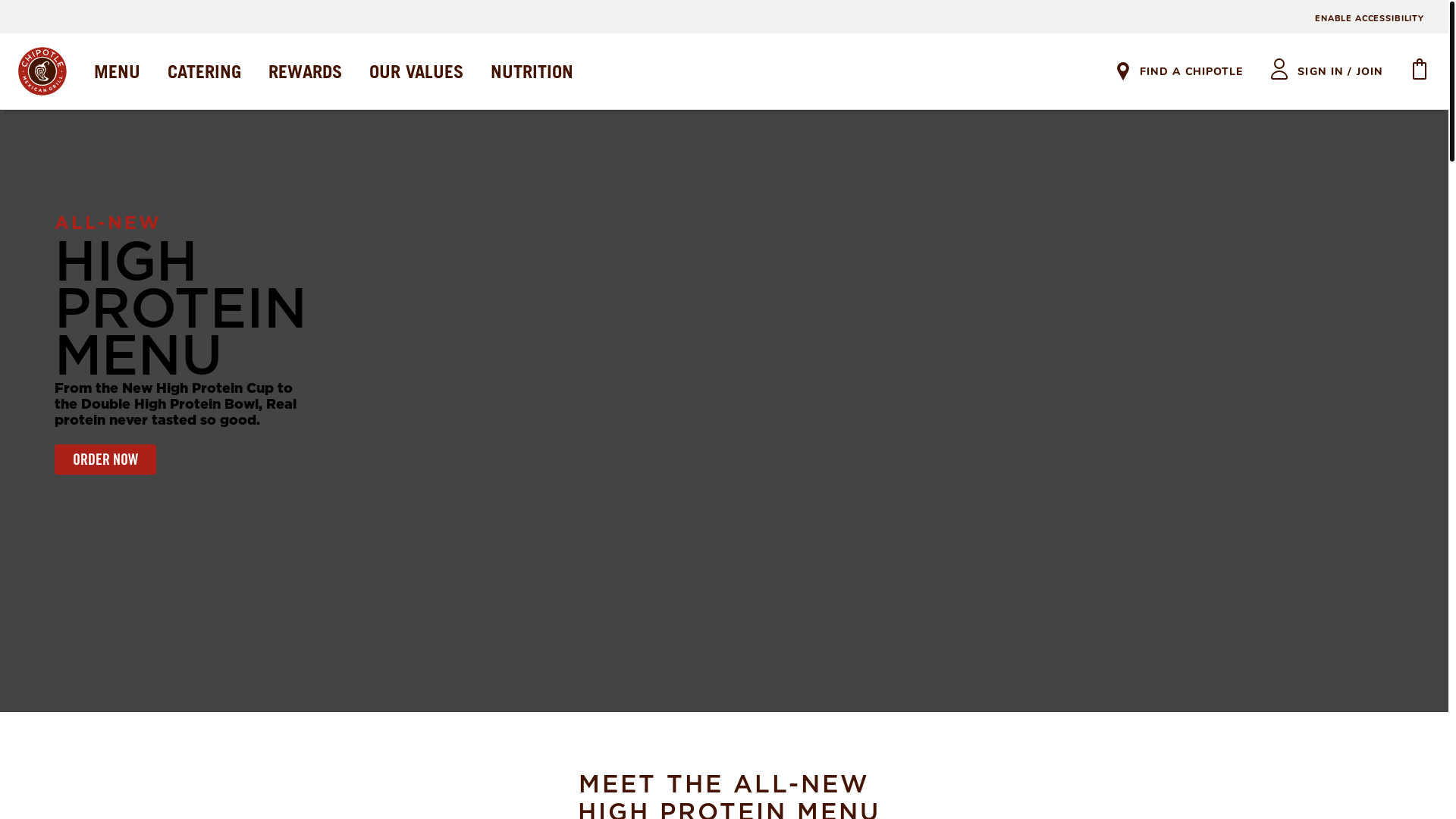 website screenshot of https://www.chipotle.com/high-protein-meals