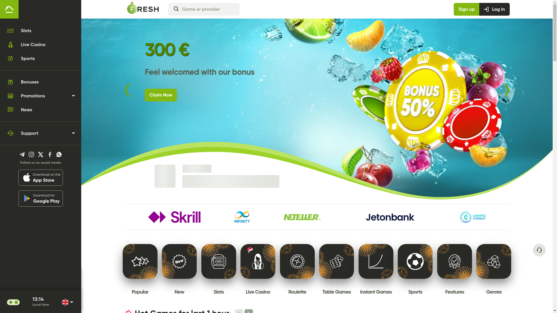 website screenshot of https://fresh.casino/