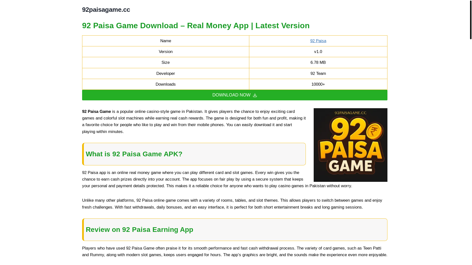 website screenshot of https://92paisagame.cc/