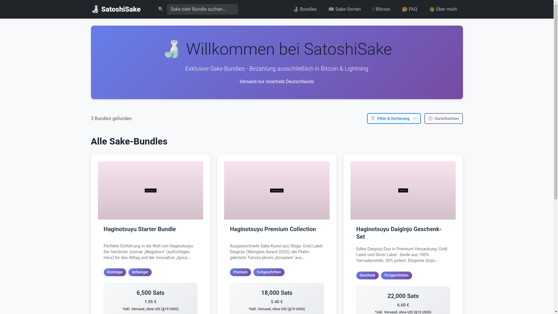 website screenshot of https://satoshisake.de/