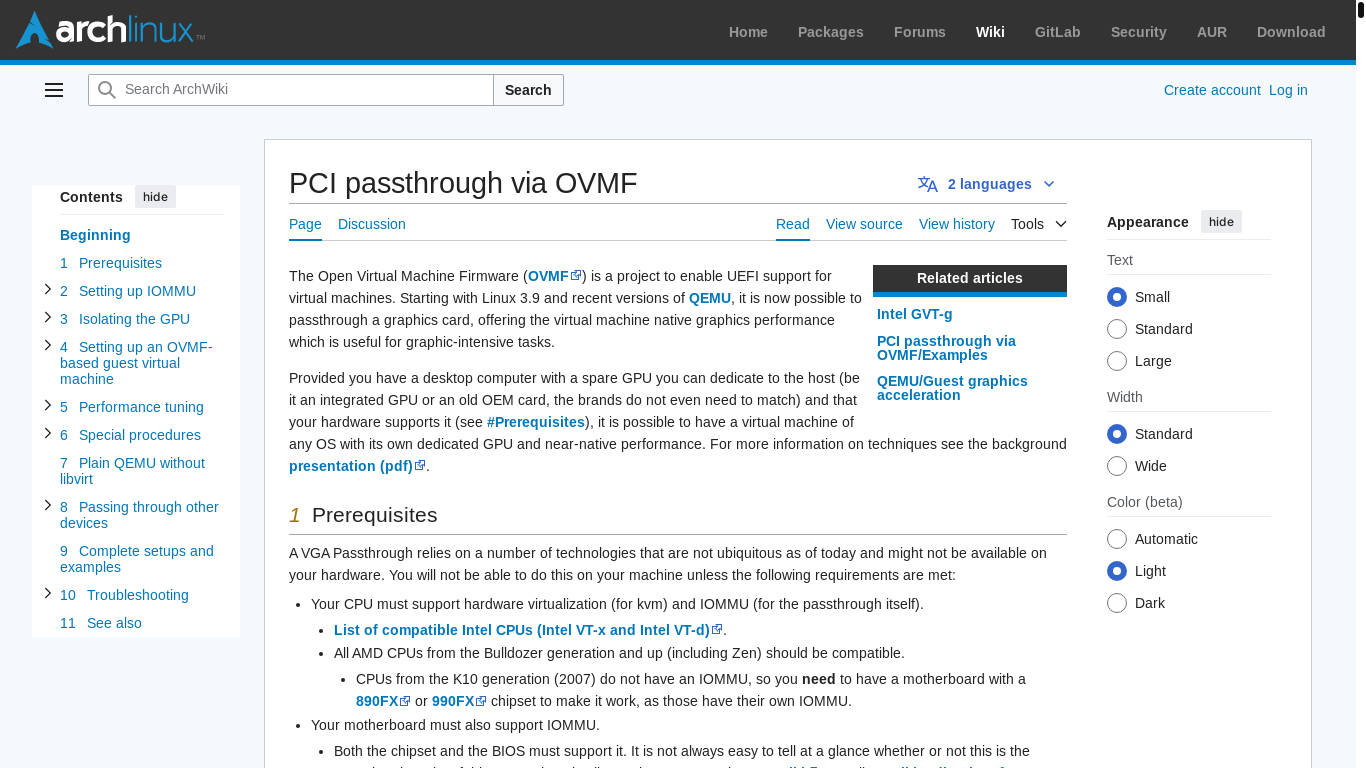 website screenshot of https://wiki.archlinux.org/title/PCI_passthrough_via_OVMF