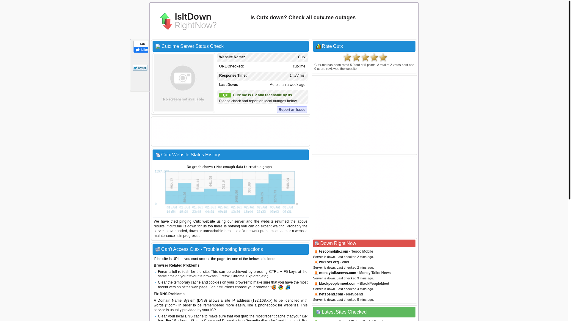 website screenshot of https://www.isitdownrightnow.com/cutx.me.html