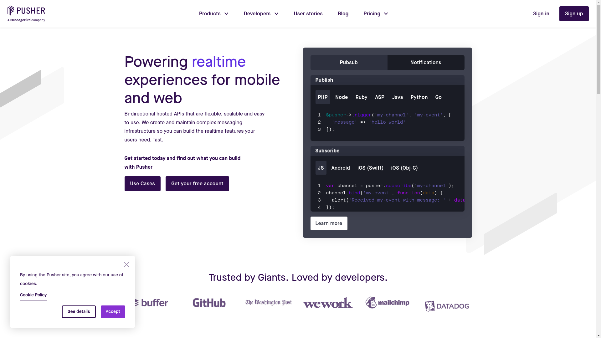 website screenshot of https://pusher.com
