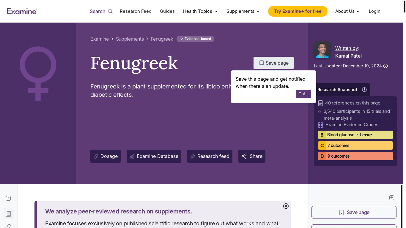 website screenshot of https://examine.com/supplements/fenugreek/