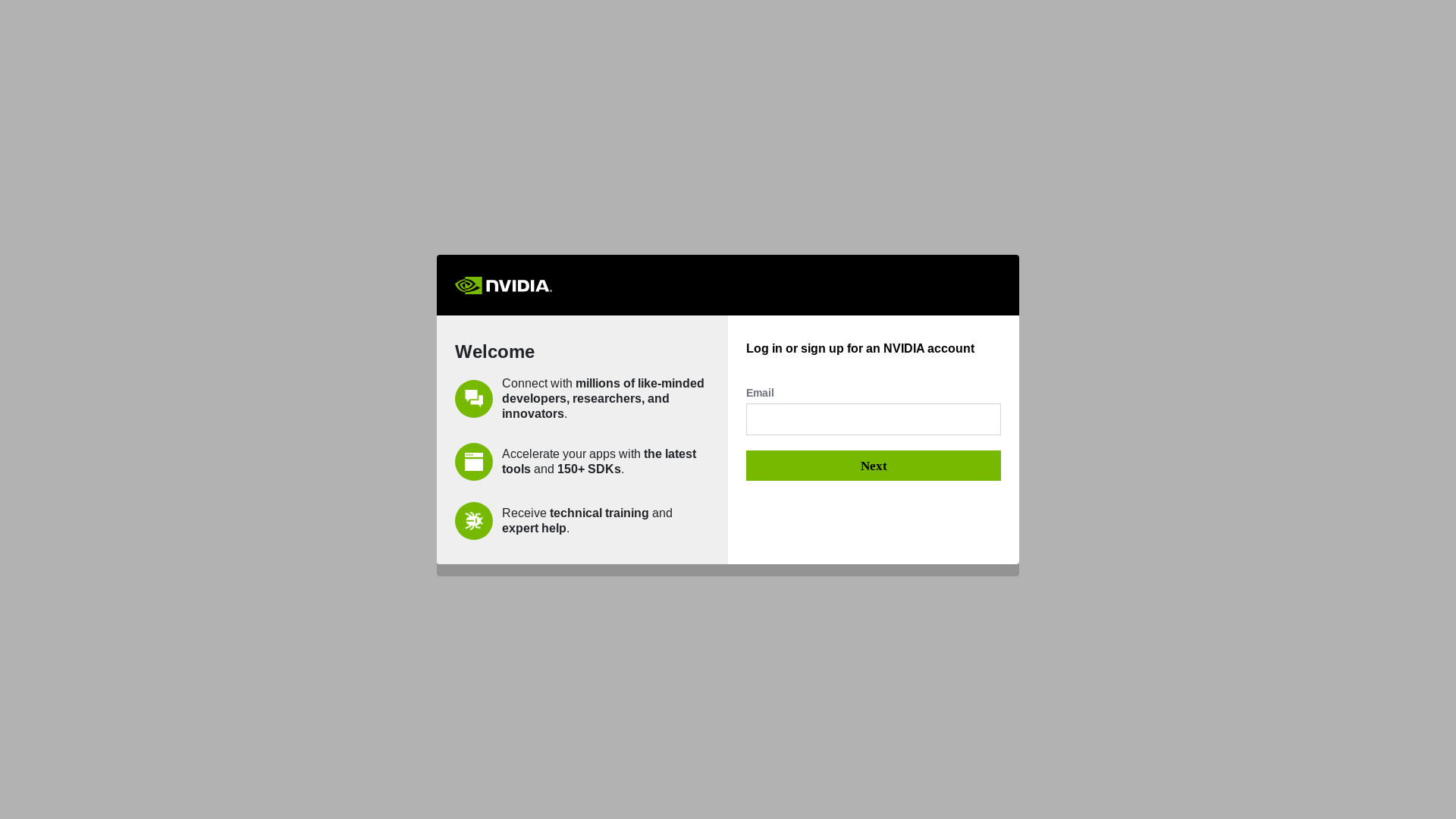 website screenshot of https://developer.nvidia.com/login