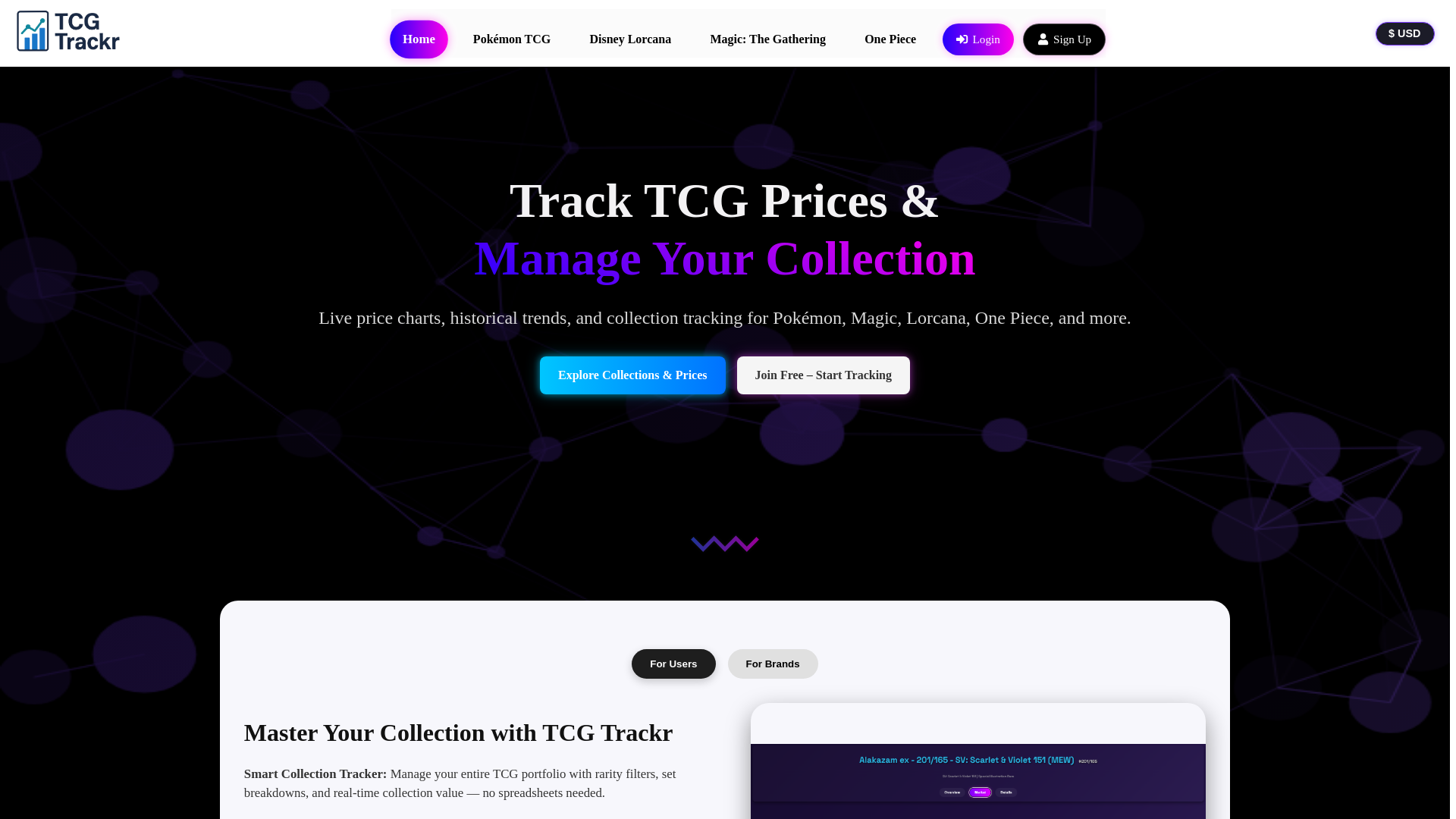website screenshot of https://tcgtrackr.co.uk/