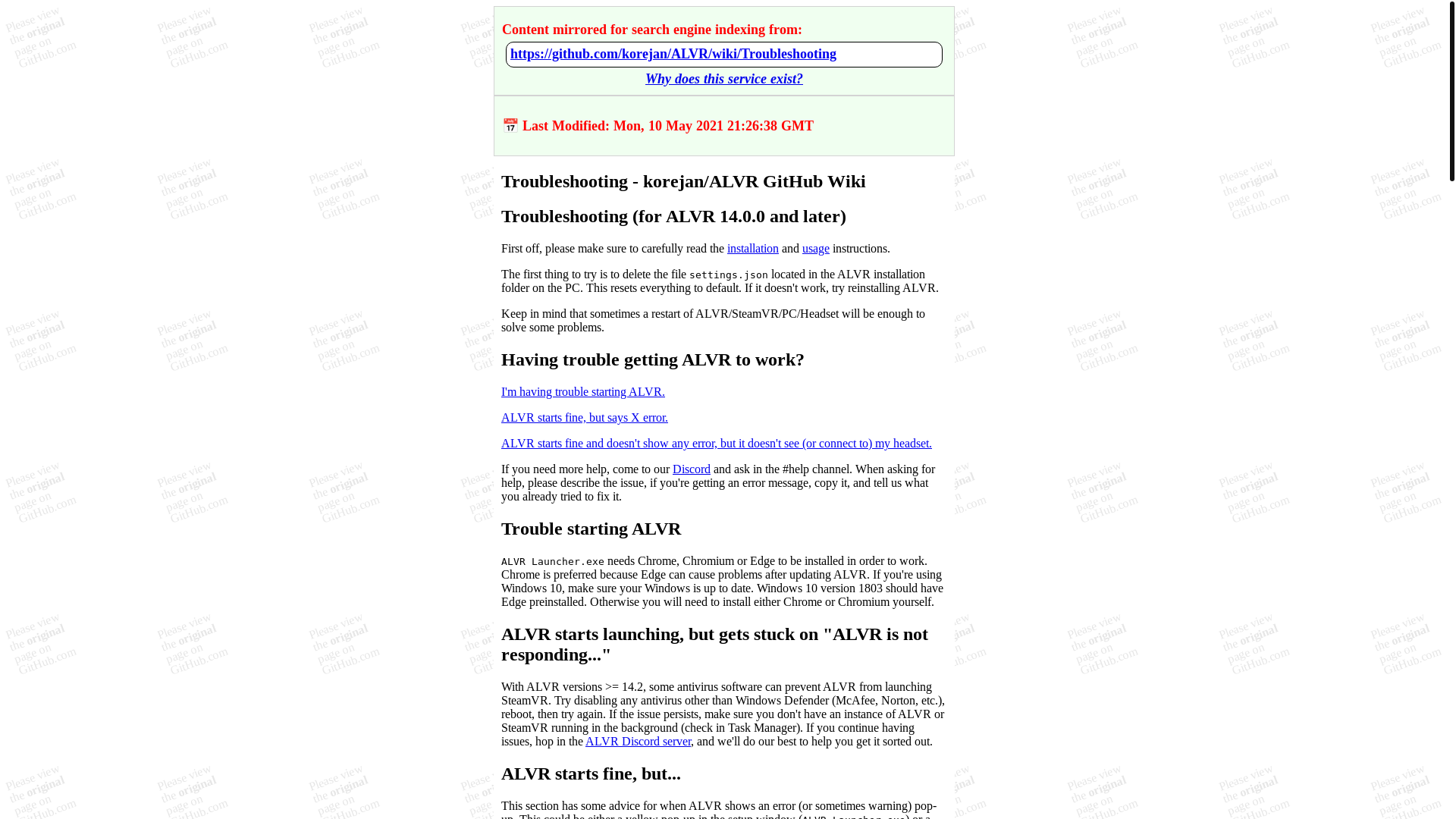 website screenshot of https://github-wiki-see.page/m/korejan/ALVR/wiki/Troubleshooting