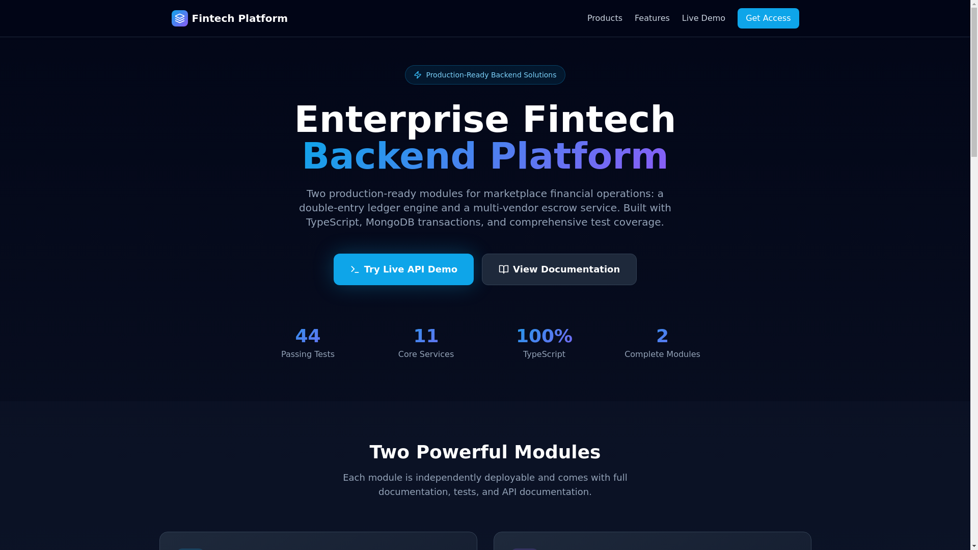 website screenshot of https://fintechledger.dev/