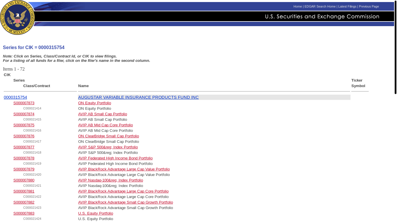 website screenshot of https://www.sec.gov/cgi-bin/browse-edgar?scd=series&CIK=0000315754&action=getcompany&start=0