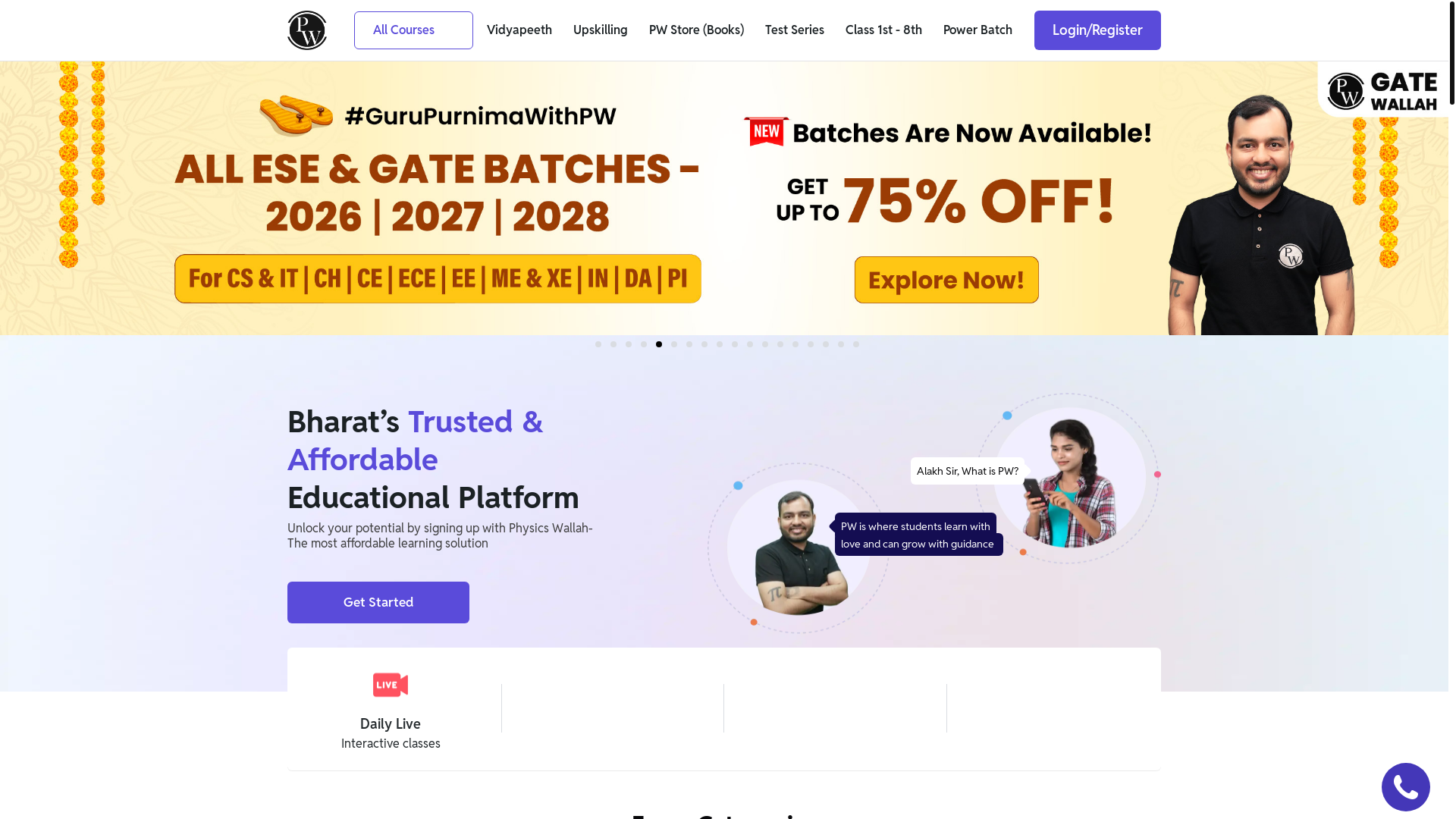 website screenshot of https://www.pw.live/