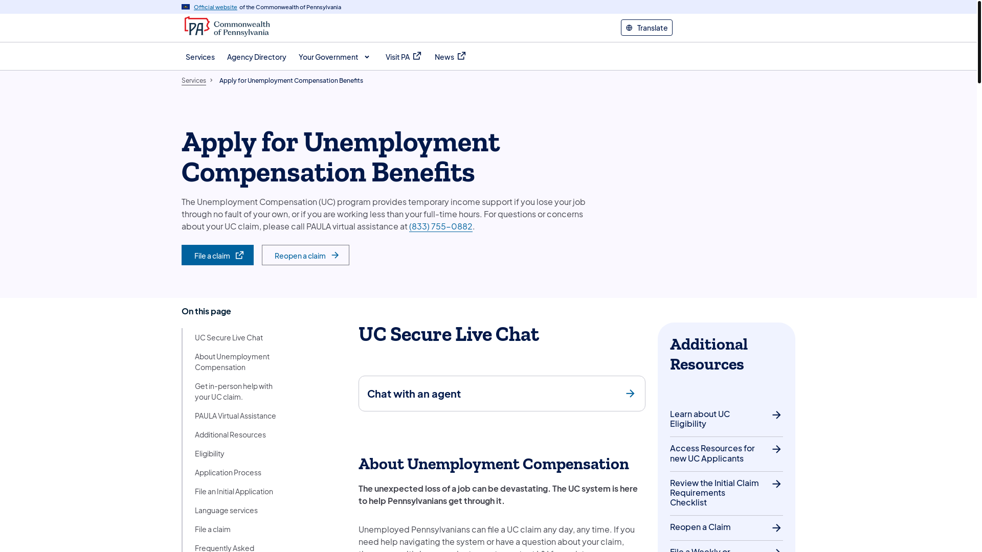 website screenshot of https://www.pa.gov/services/dli/apply-for-unemployment-compensation-benefits