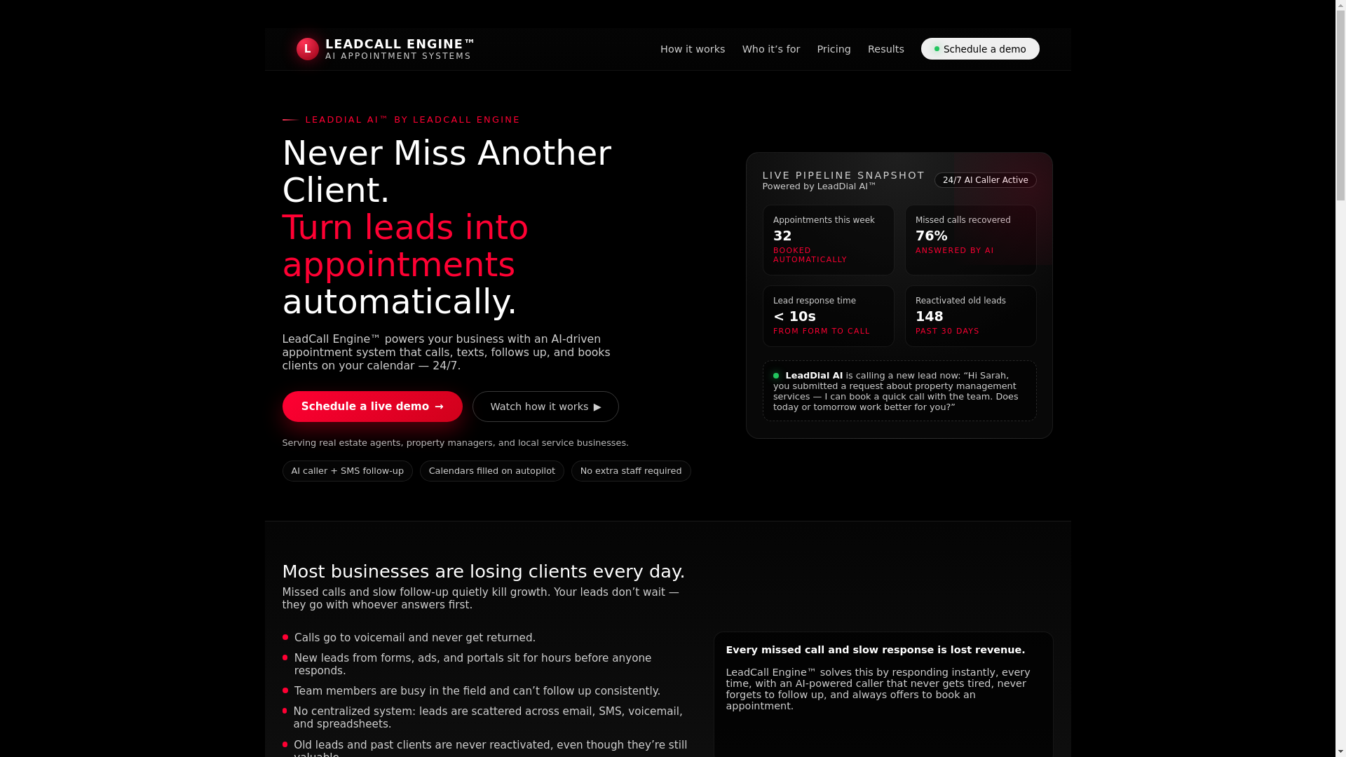 website screenshot of https://leadcallengine.com/