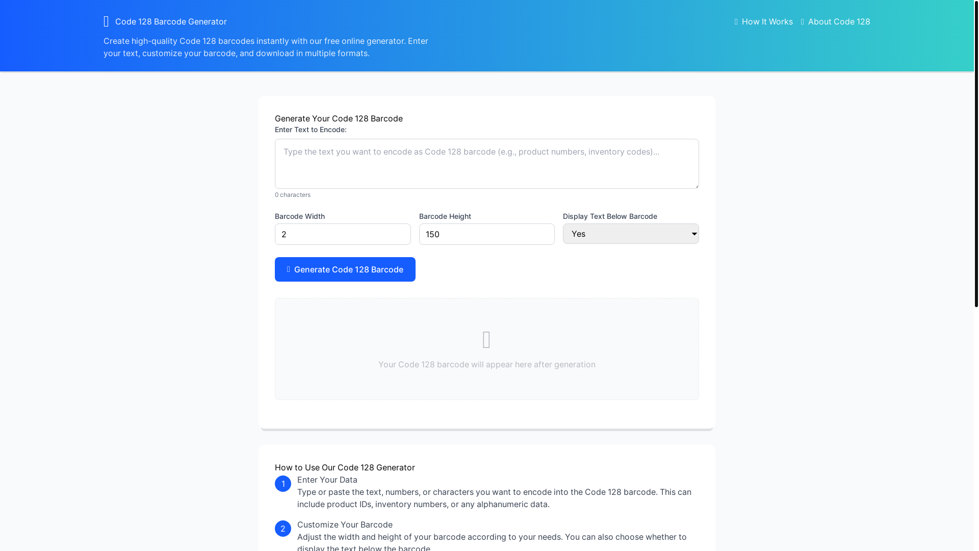 website screenshot of https://code128generator.com/