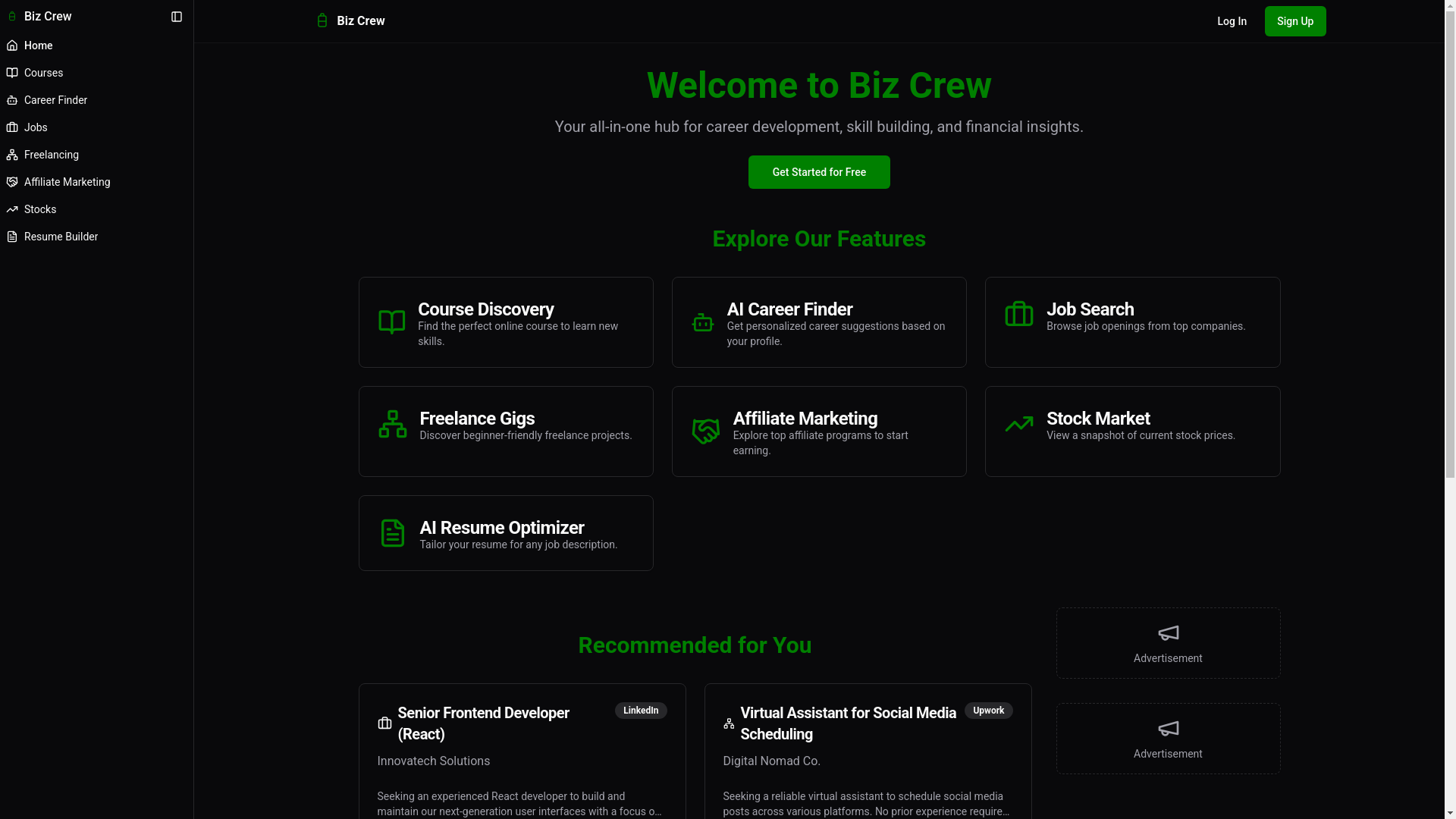 website screenshot of https://bizcrew.online/