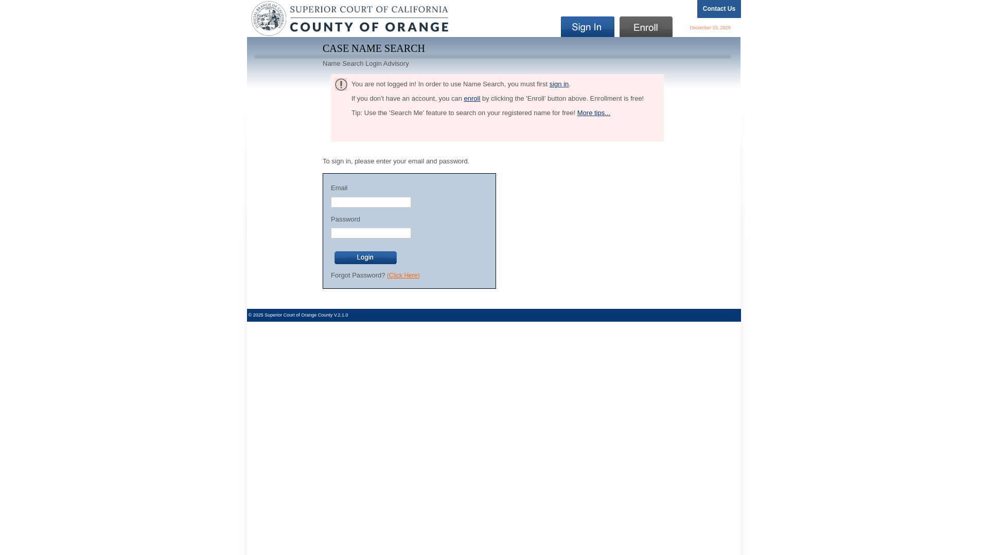 website screenshot of https://namesearch.occourts.org/