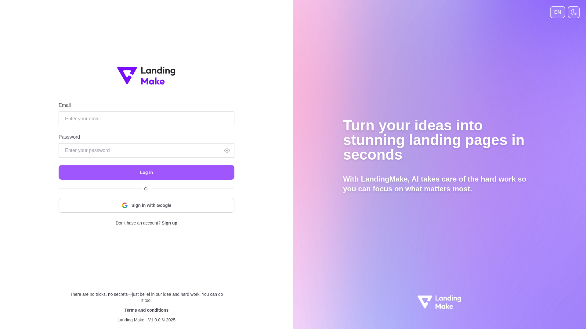 website screenshot of https://landingmaker-dashboard-app-dev.pages.dev/