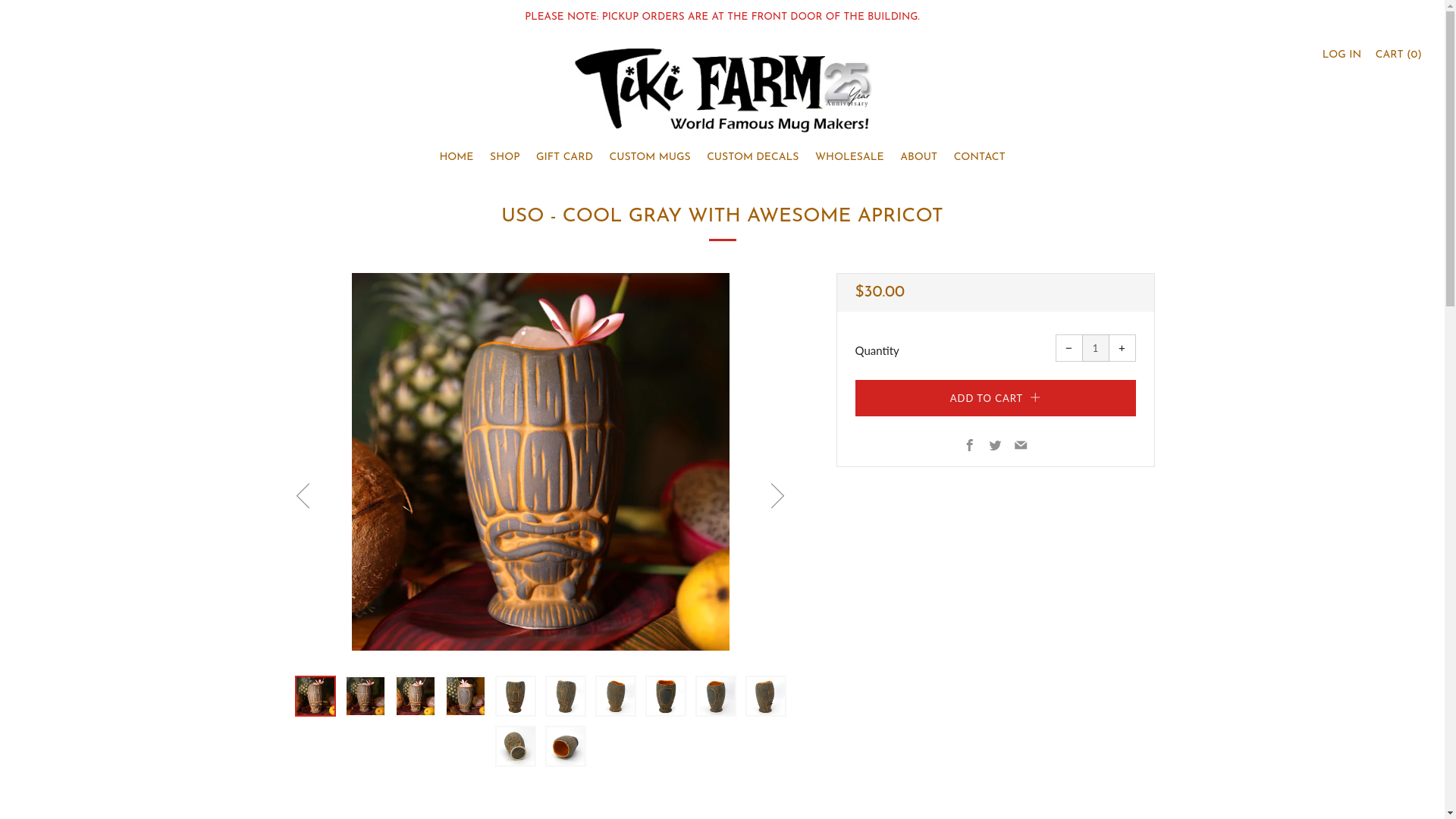 website screenshot of https://www.tikifarm.com/collections/tiki-mugs/products/uso-i-gray-with-orange-wash