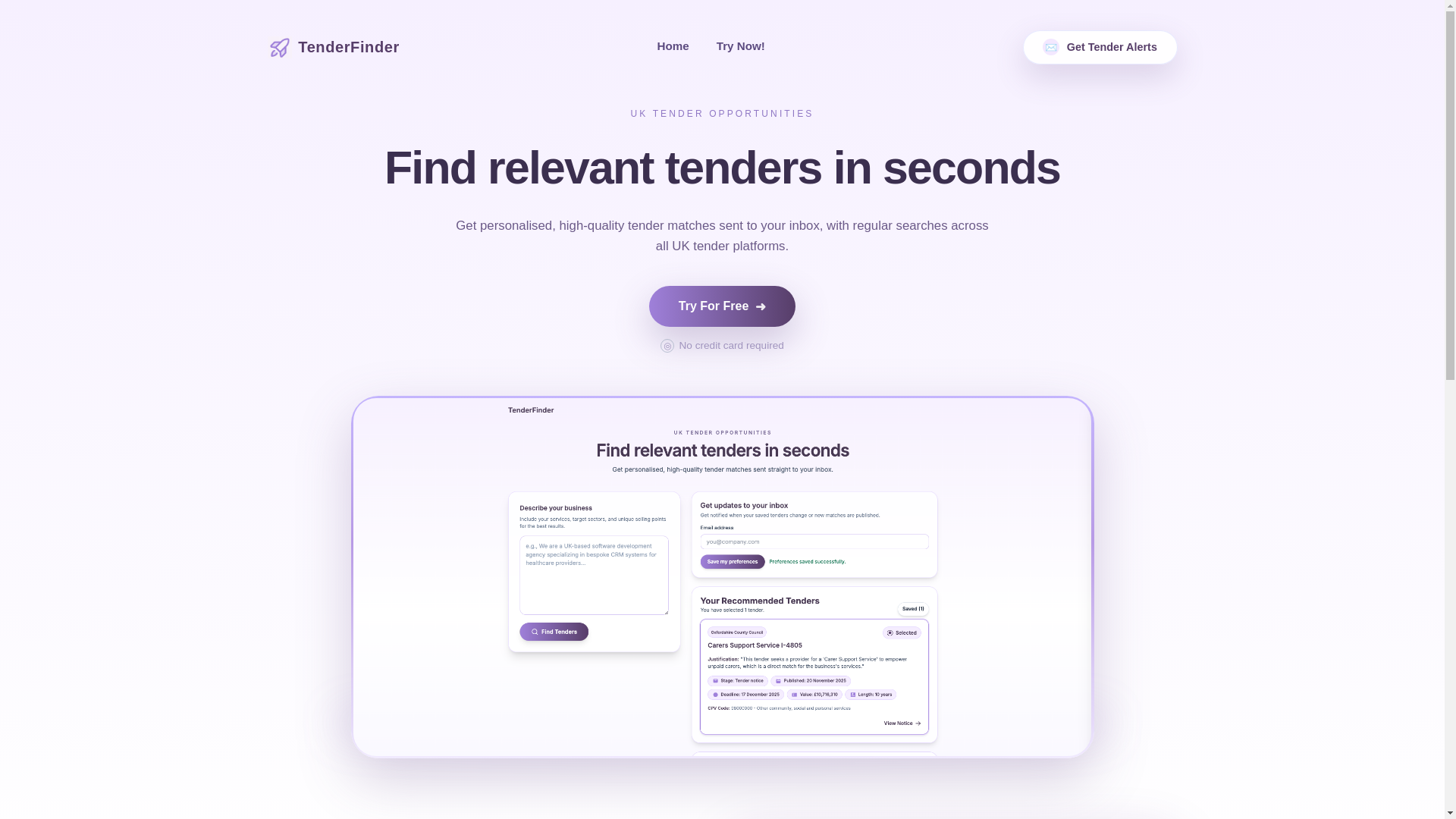 website screenshot of https://tenderfinder.io/