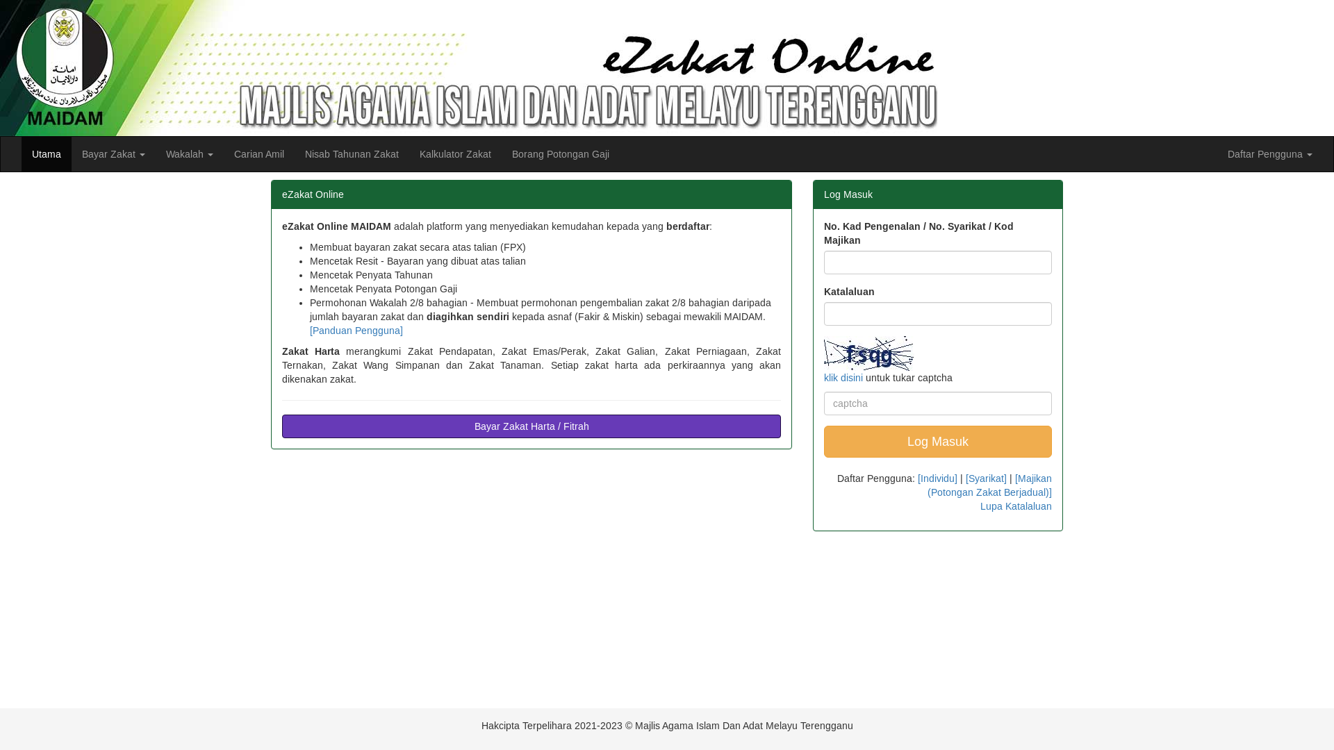 website screenshot of https://ezakat.maidam.gov.my/