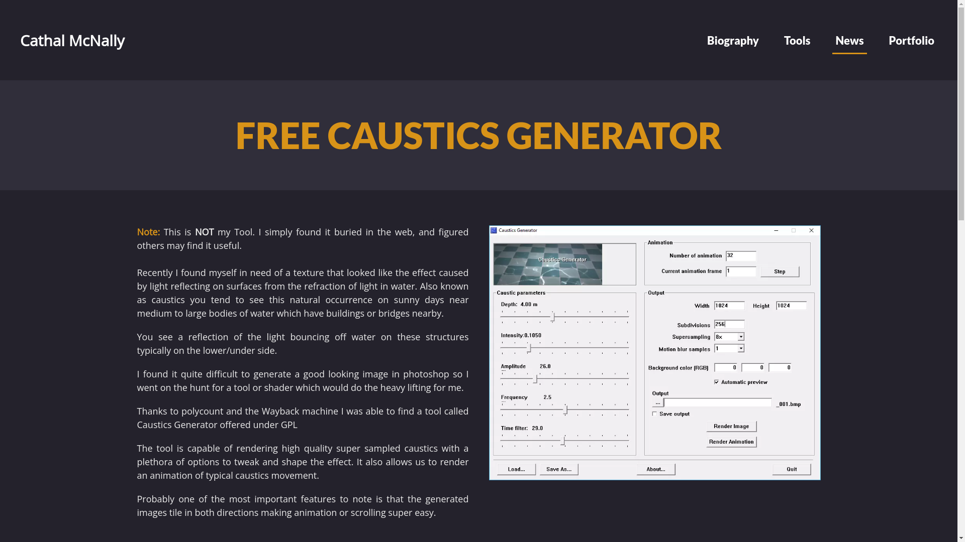 website screenshot of https://www.cathalmcnally.com/news/free-caustics-generator/