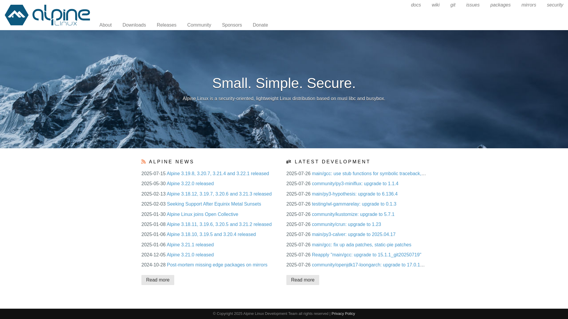 website screenshot of https://alpinelinux.org