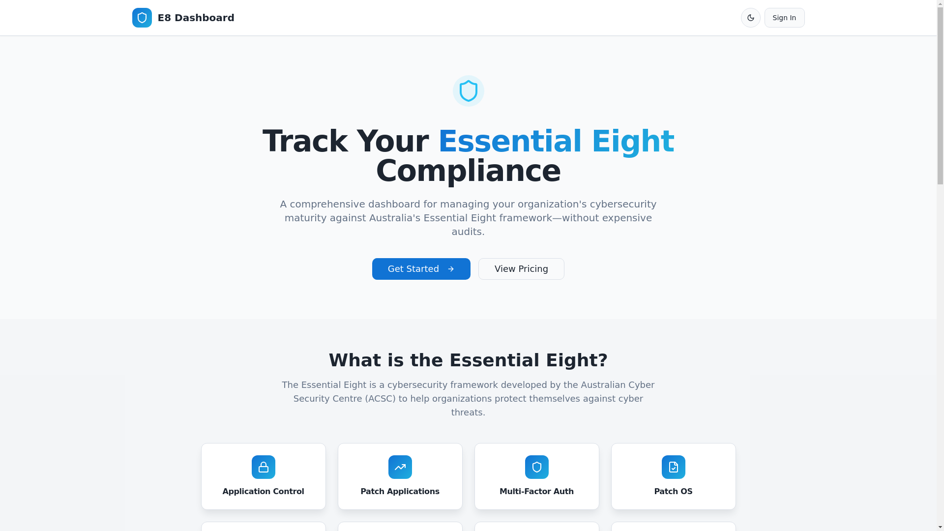 website screenshot of https://e8dashboard.com.au/