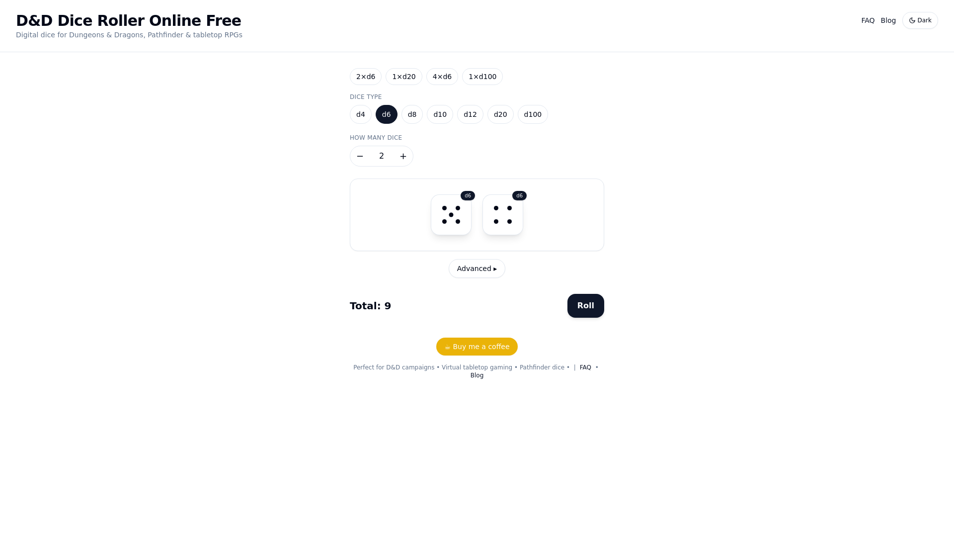 website screenshot of https://bestdiceroller.com/