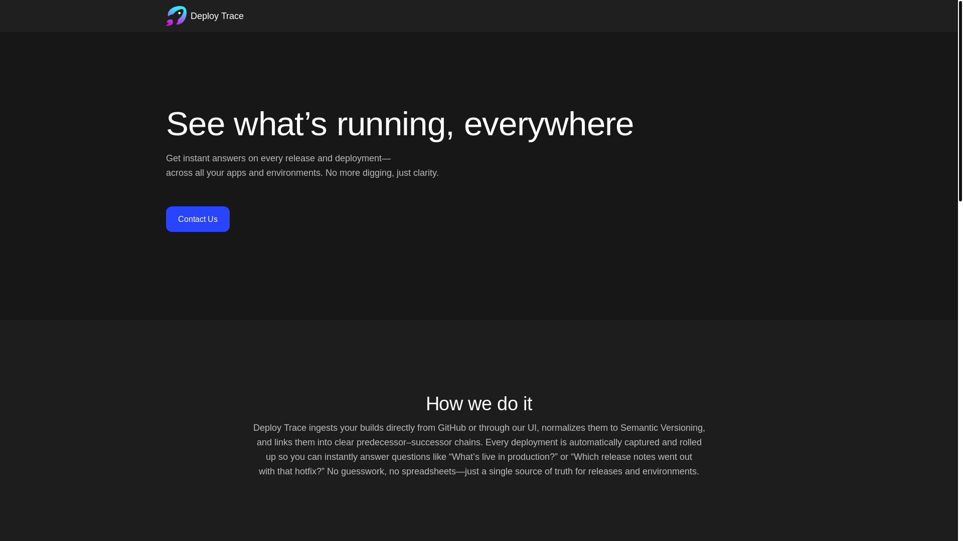 website screenshot of https://deploytrace.com/