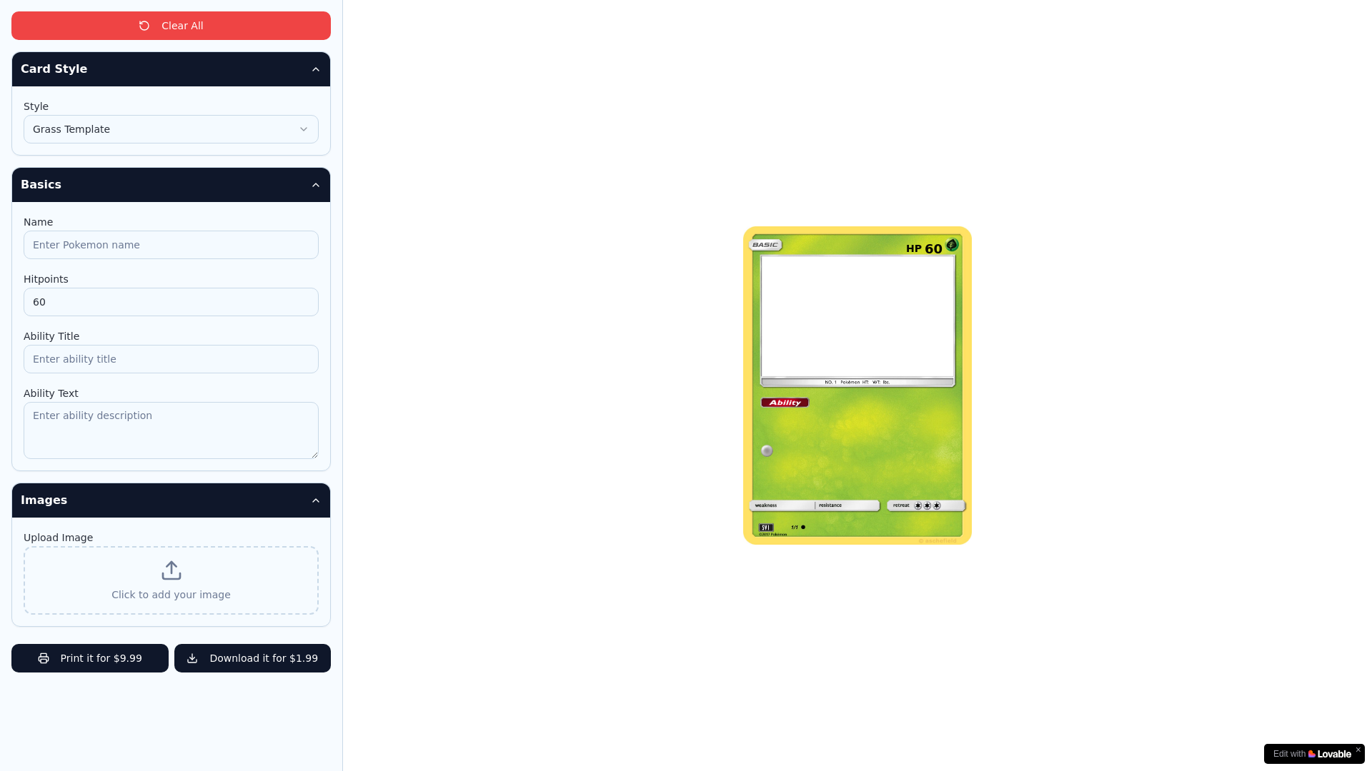 website screenshot of https://printyourpokecard.services/