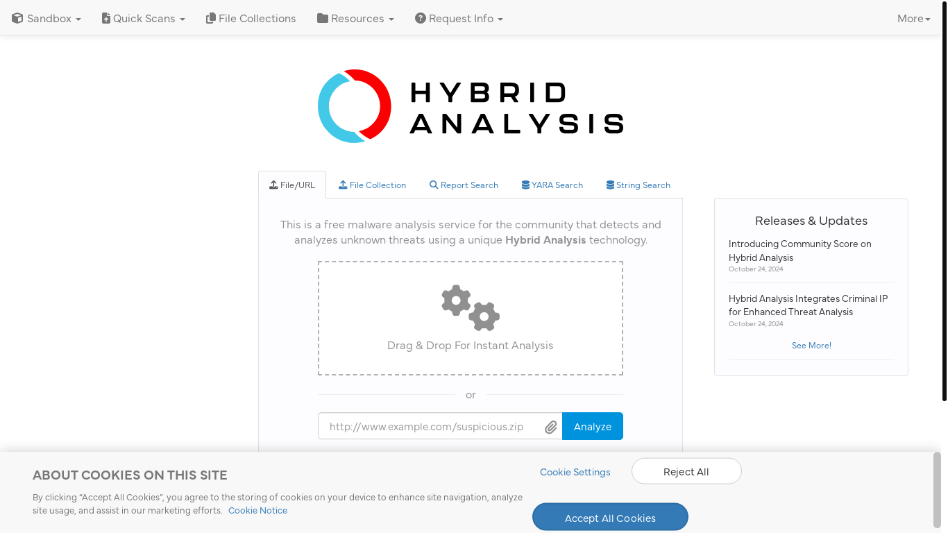 website screenshot of https://www.hybrid-analysis.com/