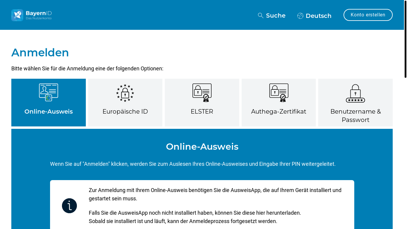 website screenshot of https://id.bayernportal.de/de/web/login