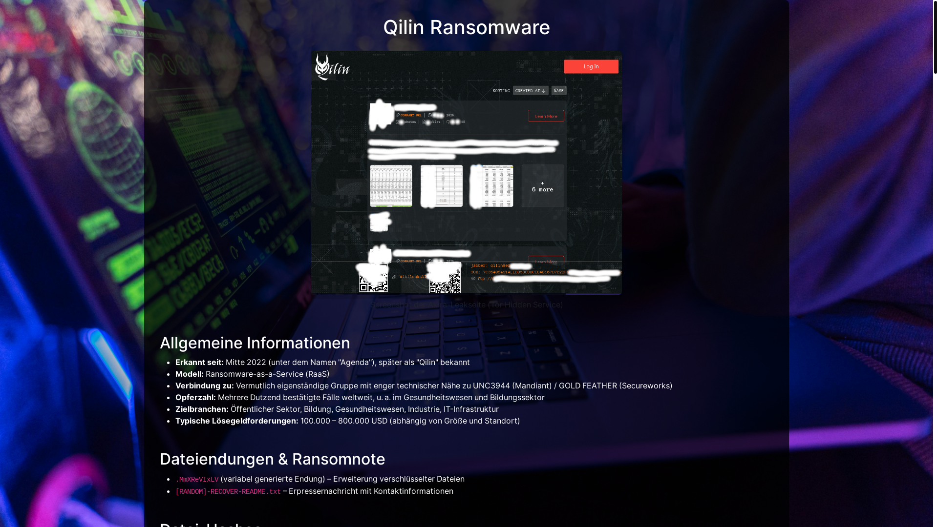 website screenshot of https://qilin-ransomware.de/