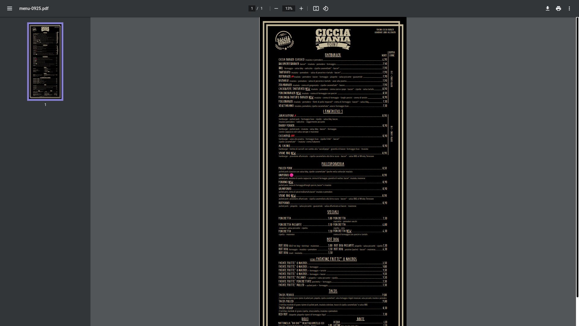 website screenshot of https://cicciaburger-menu.pages.dev/