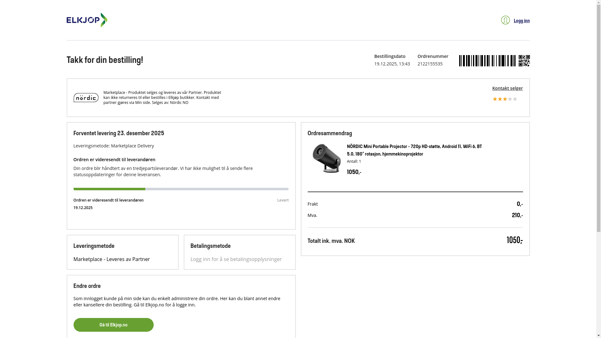 website screenshot of https://mypage.elkjop.no/tracking/180799ad-b451-415c-9ed5-69c5f13d2420