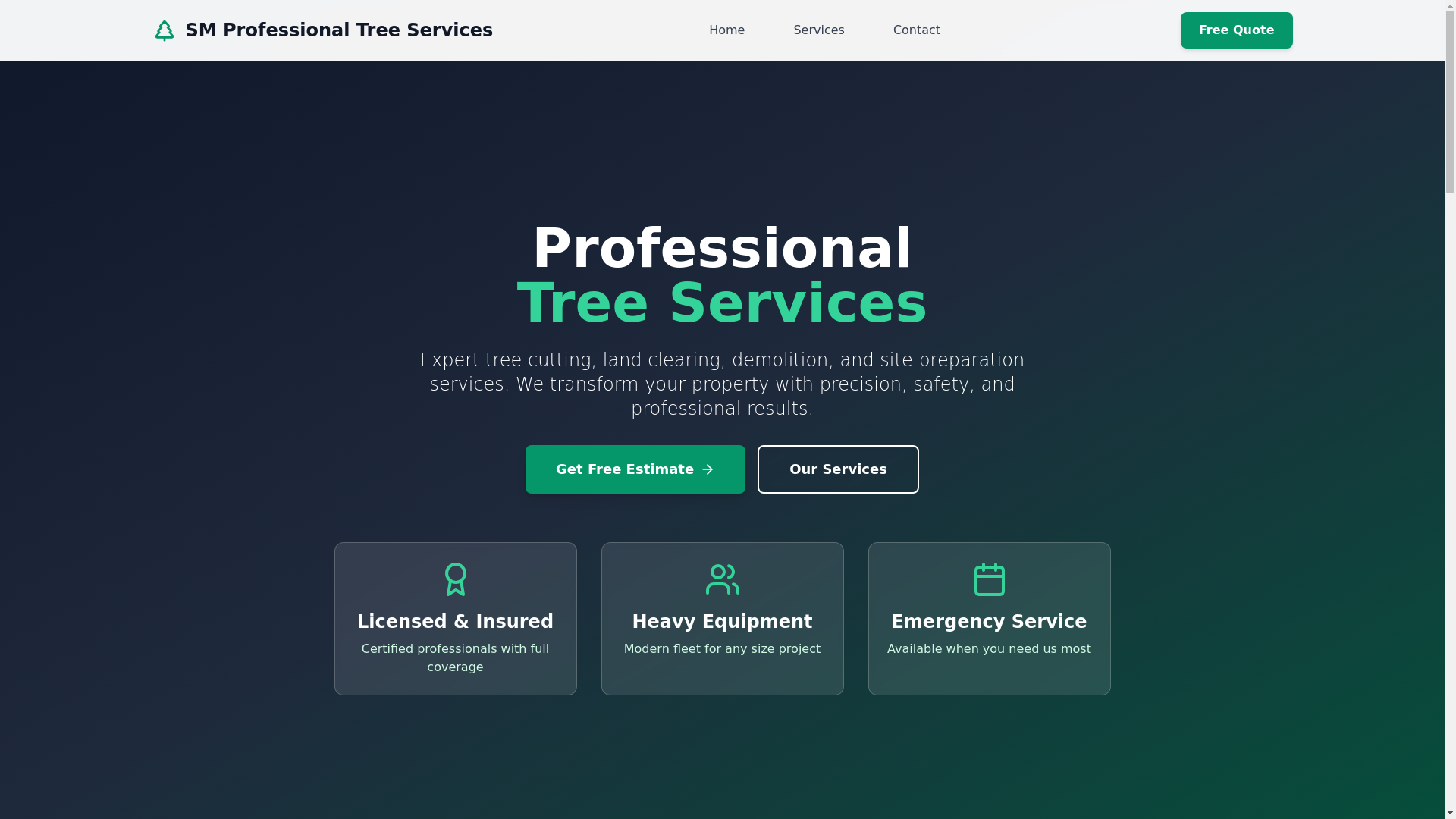 website screenshot of https://smprofessionaltreeservices.com/