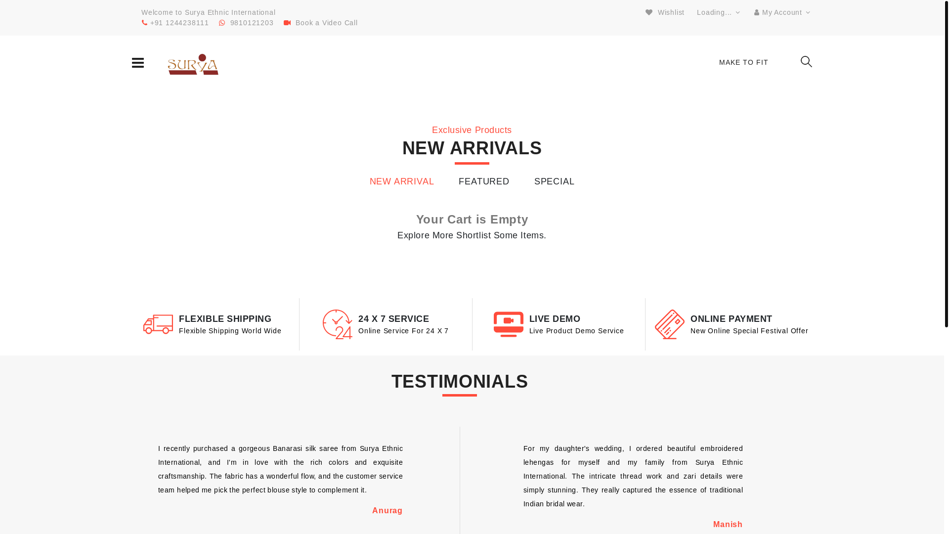 website screenshot of https://suryaethnicinternational.com/