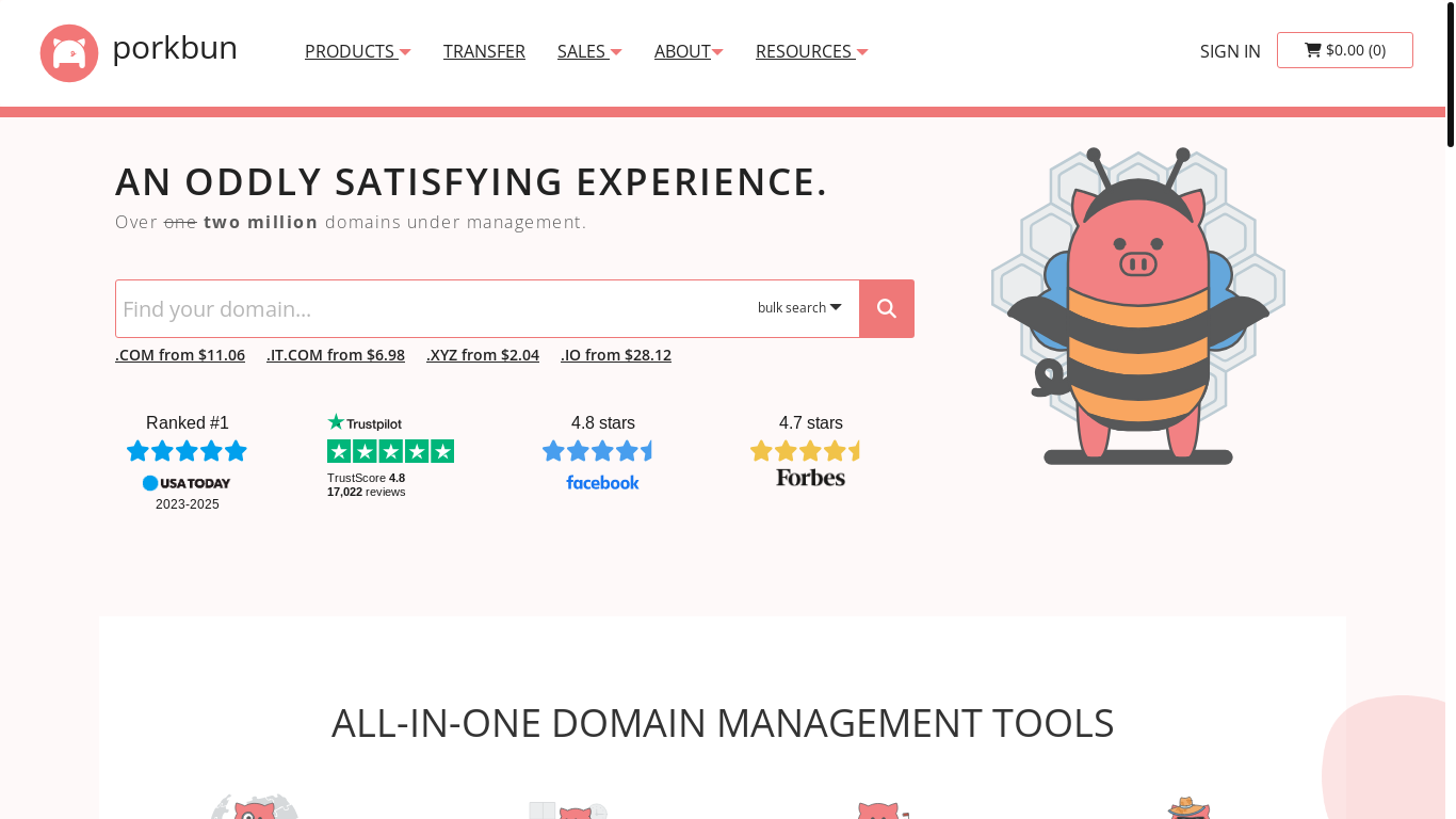 website screenshot of https://porkbun.com