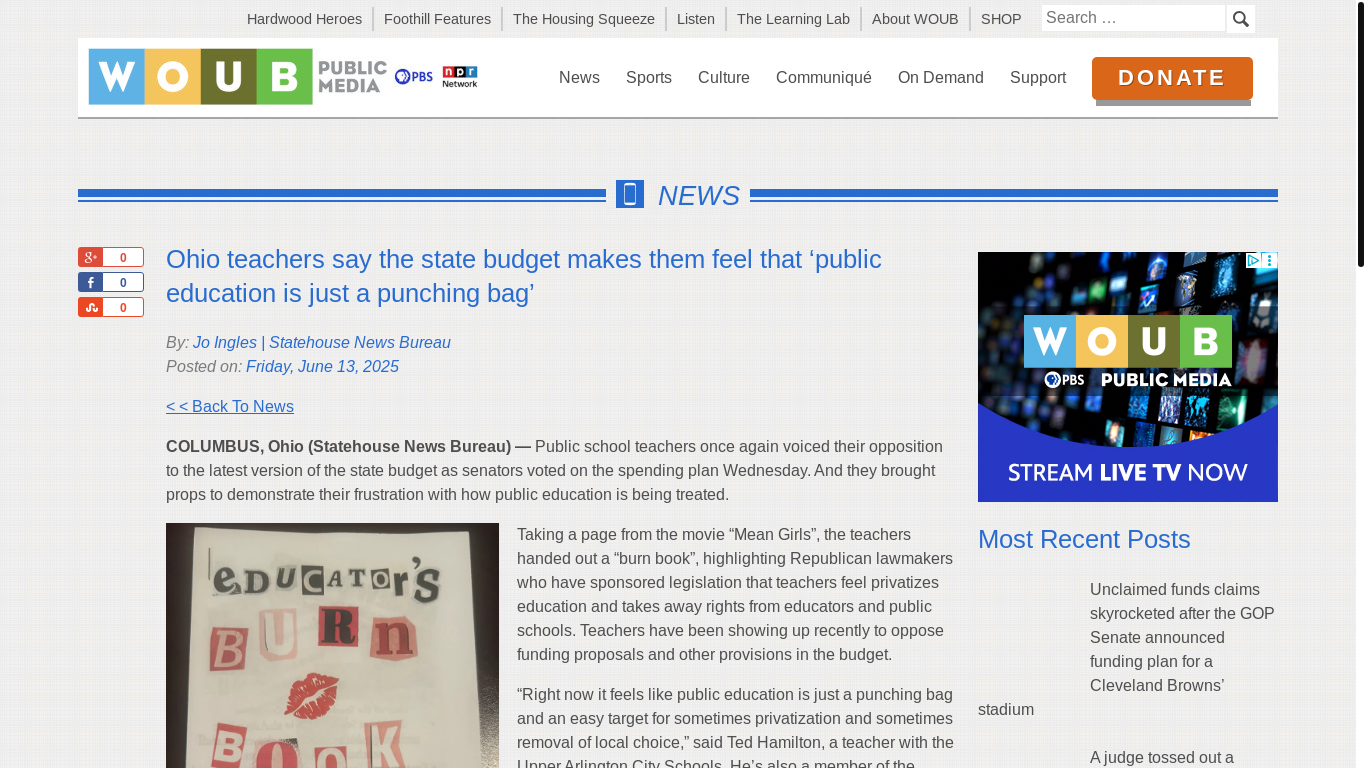 website screenshot of https://woub.org/2025/06/13/ohio-teachers-state-budget-public-education-punching-bag/