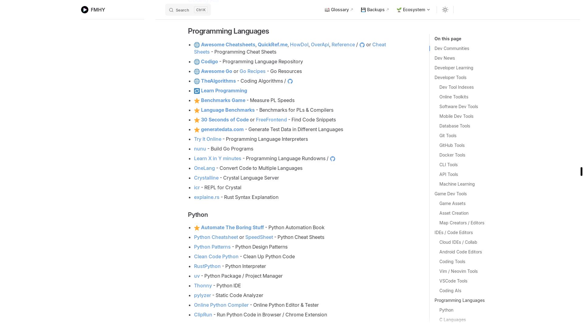 website screenshot of https://fmhy.xyz/devtools#programming-languages