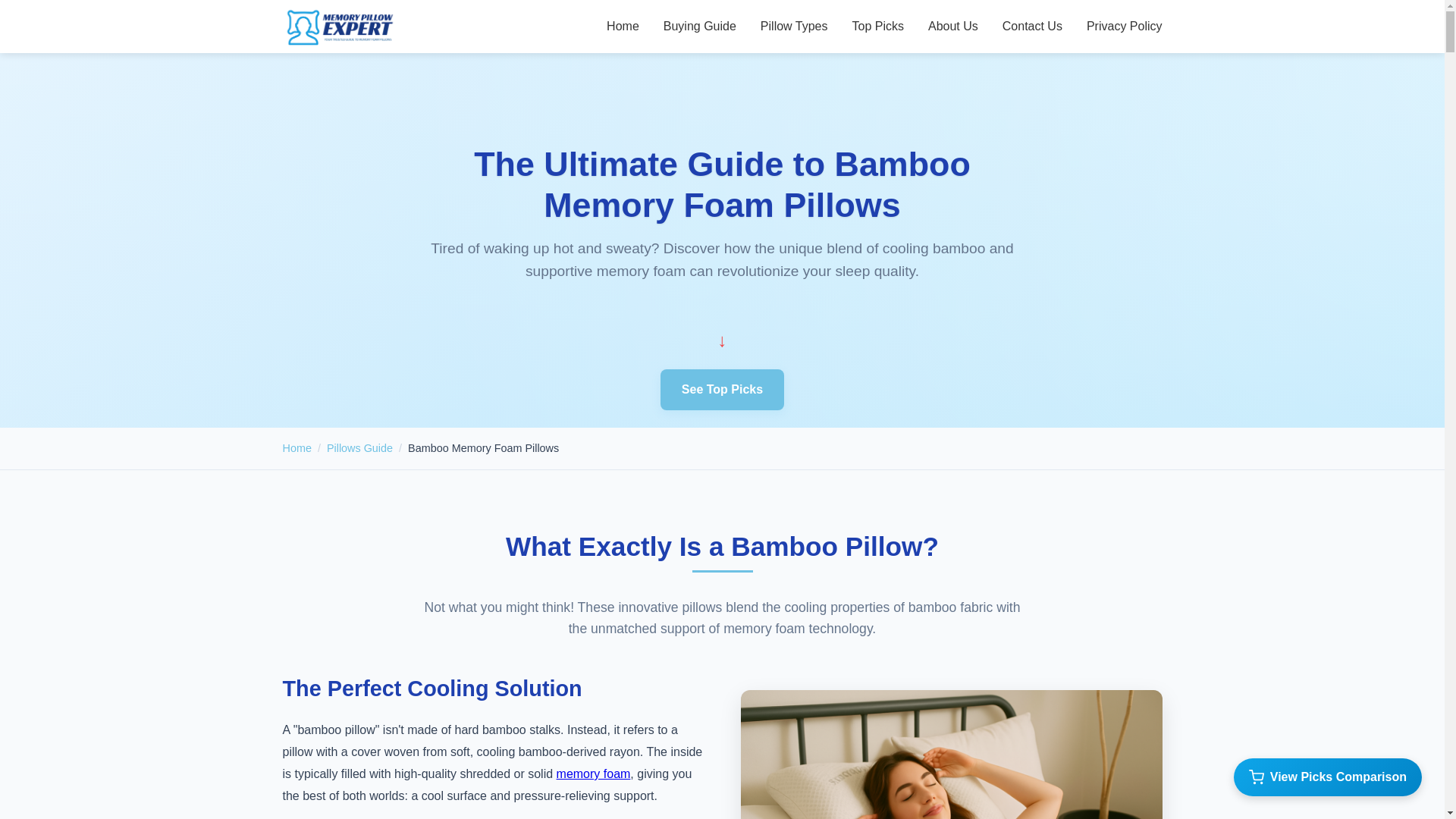 website screenshot of https://memorypillowexpert.com/bamboo-memory-foam-pillow/