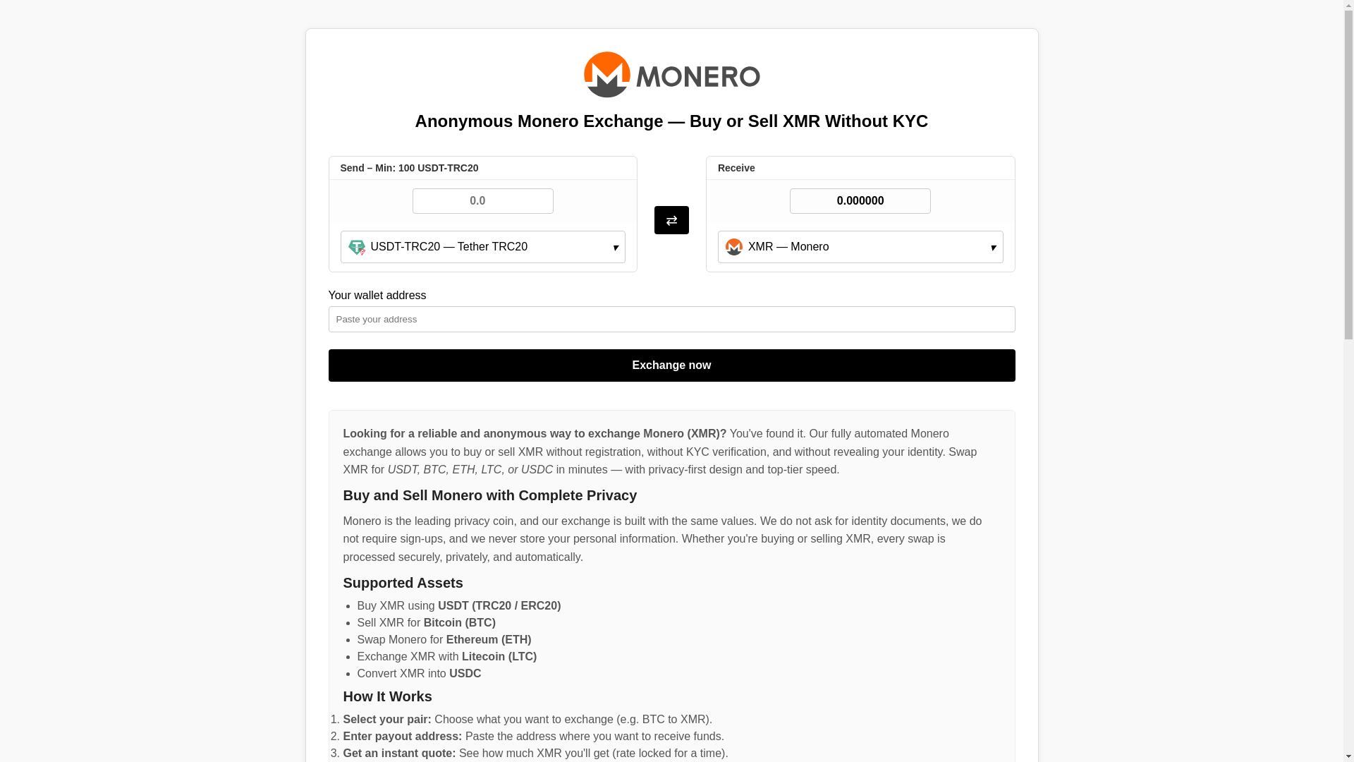 website screenshot of https://monero-change.exchange/