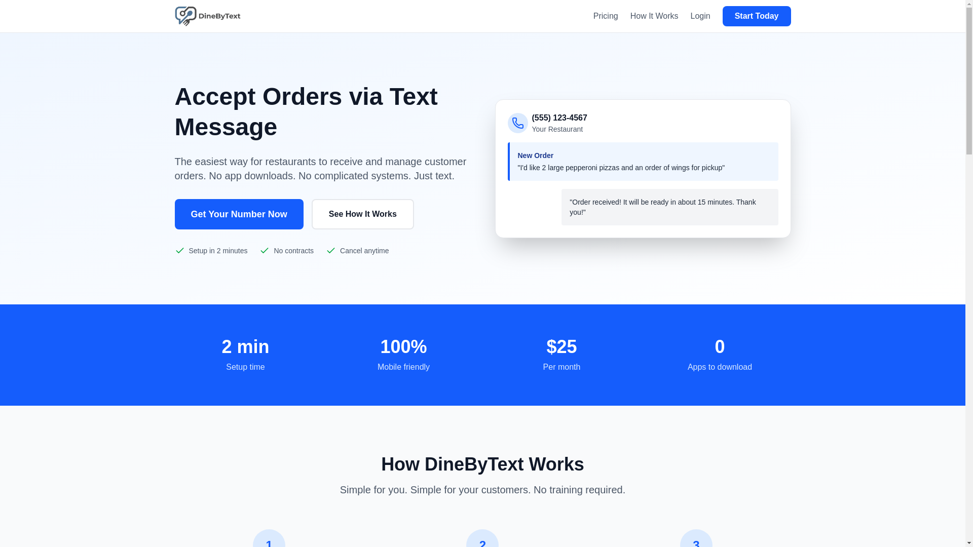 website screenshot of https://dinebytext.com/