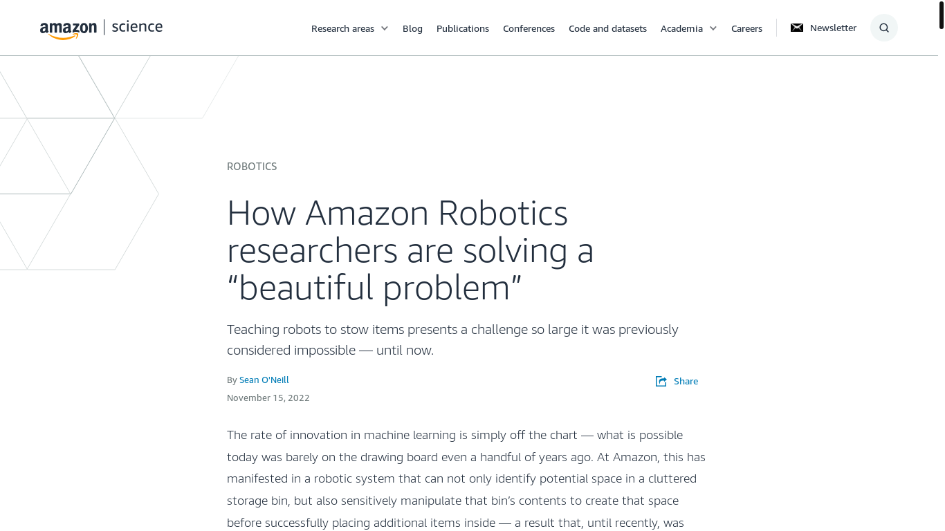 website screenshot of https://www.amazon.science/latest-news/how-amazon-robotics-researchers-are-solving-a-beautiful-problem
