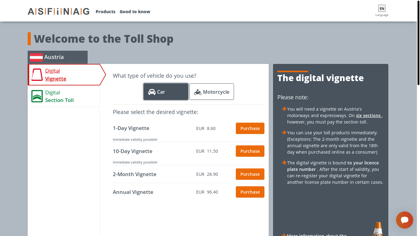 website screenshot of https://asflinag-vignetten.info/