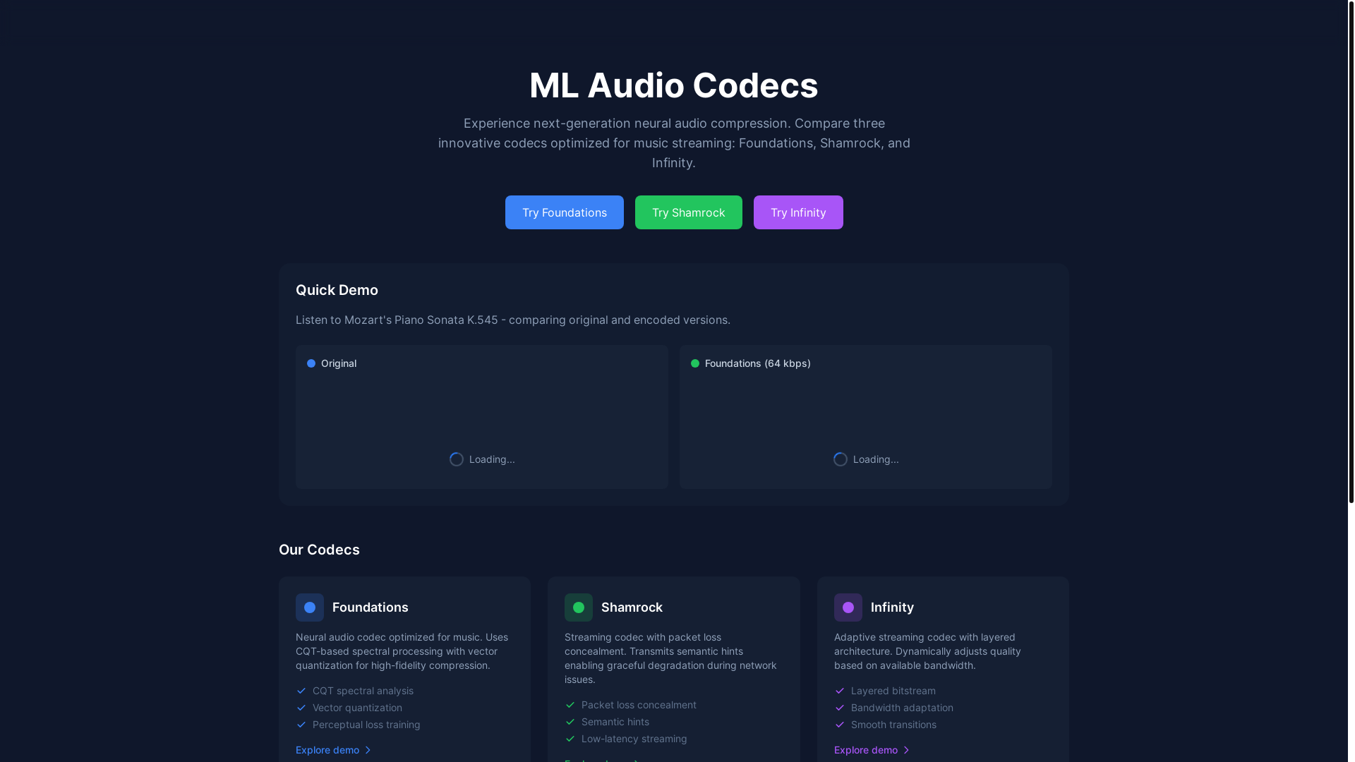 website screenshot of https://ml-audio-codecs-demo.pages.dev/
