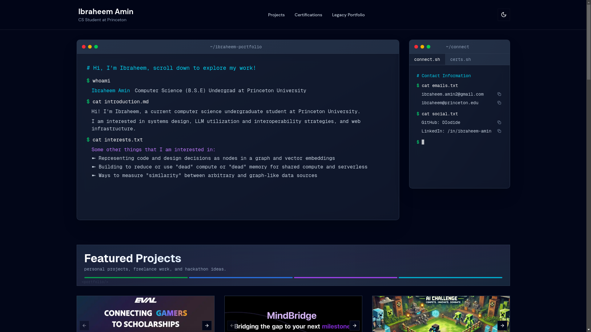 website screenshot of https://ibraheemamin.dev/