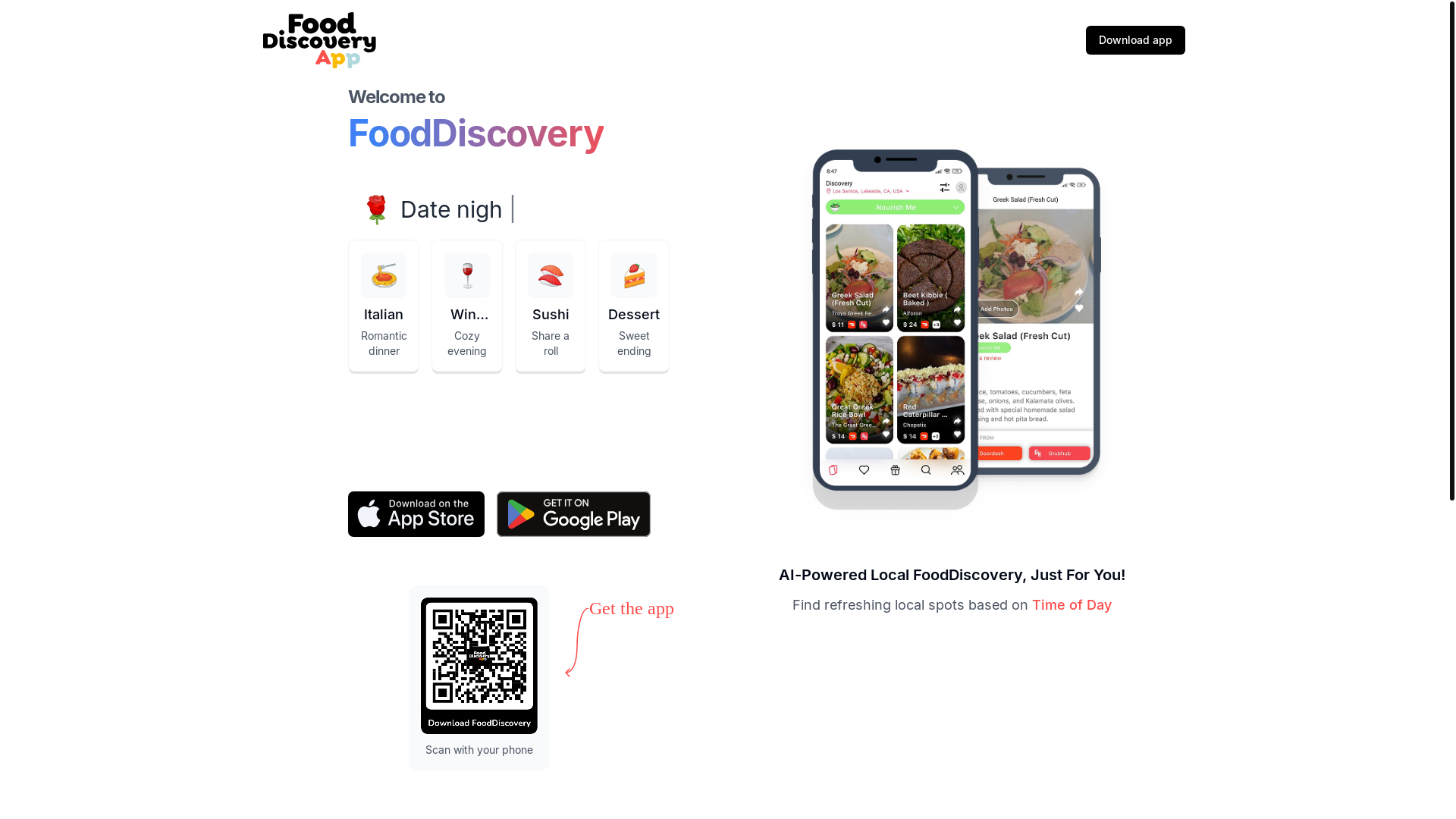 website screenshot of https://fooddiscoveryapp.com/