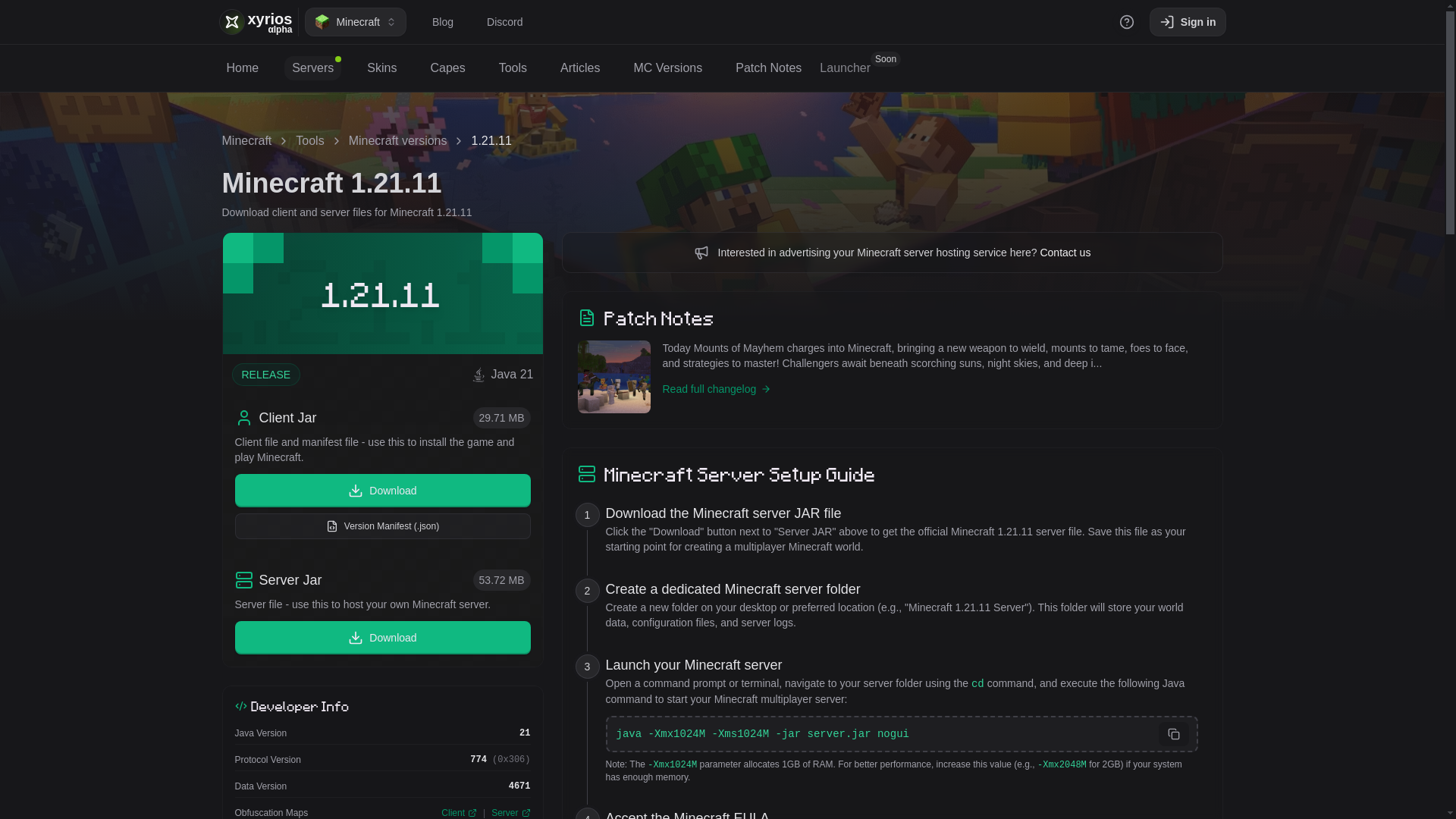 website screenshot of https://xyrios.com/minecraft/tools/mc-versions/1.21.11